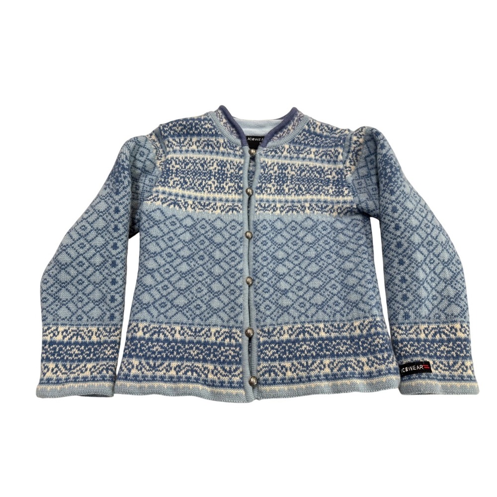 Icewear Icelandic Wool Cardigan Sweater Blue Fair Isle Nordic Pewter Button S